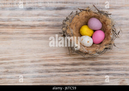 Small bird nest with coloured easter eggs on timber background Stock Photo