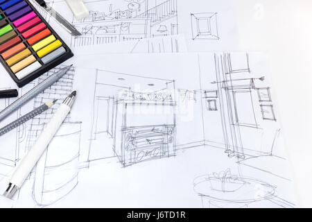 freehand sketch of living room interior and drawing tools on designers workplace Stock Photo