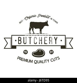 Butchery shop logo template. Old style badge design with silhouette cow symbol and typography elements. Stock vector isolated on white background Stock Vector