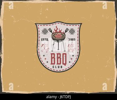 BBQ club typography poster template in retro old style. Offset and letterpress design. Letter press label, emblem. Isolated on yellow scratched background Stock Vector