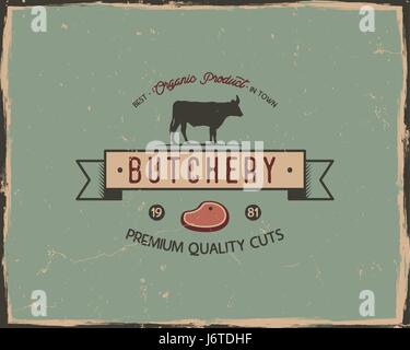 Butchery shop typography poster template in retro old style. Offset and letterpress design. Letter press label, emblem. Isolated on scratched background. Stock vector illustration Stock Vector