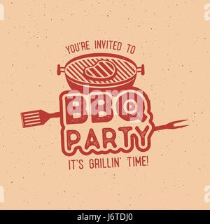 BBQ party typography poster template in retro old style. Offset and letterpress design. Letter press label, emblem. Isolated on scratched background Stock Vector