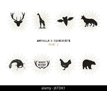 Set of wild animal figures and shapes with sunbursts isolated on white background. Black silhouettes giraffe, chicken, fox, deer, catfish and bat . Use as icons or in logo designs. Vector pictograms Stock Vector
