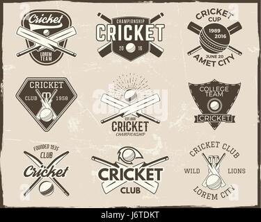 Set of retro cricket sports template logo designs. Use as icons, badges, label, emblems or print. Vector illustration sport championship. Isolated on scratched background Stock Vector