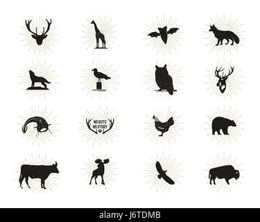 Set of wild animal figures and shapes with sunbursts isolated on white background. Black silhouettes wolf, deer, moose, bison, eagle, seagull, cow, and owl. Animals shapes bundle. Vector Stock Vector