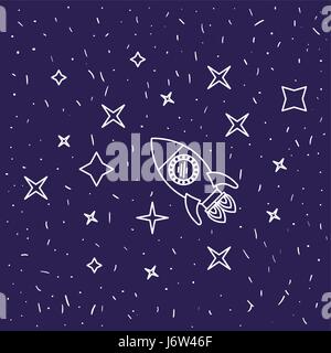 dark blue background with hand drawn flying rocket in starry sky Stock Vector