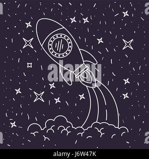 black background with hand drawn space rocket launching in starry sky Stock Vector