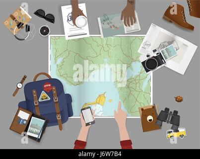 Hand Pointing on Map Planning for Trip with Travel Stuff Illustration Vector Stock Vector