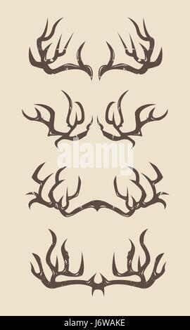 Set of sharp,huge and strong deer antlers with different styles and sizes , with vintage look , antlers silhouettes. Stock Vector