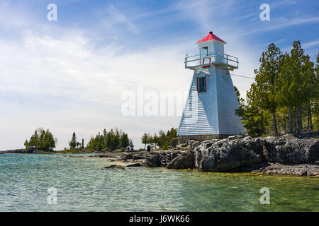 South Baymouth Range Front Lighthouse by Lake Huron on a sunny Spring day, Manitoulin Island, Ontario, Canada Stock Photo