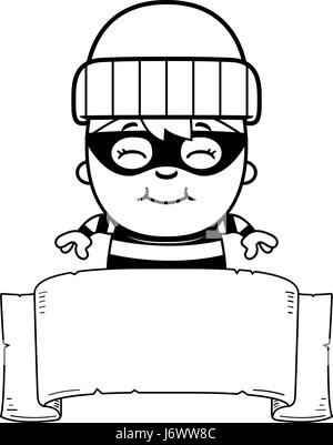 A cartoon illustration of a little burglar with a banner. Stock Vector