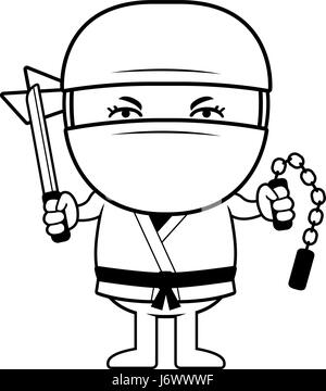 A cartoon illustration of a little ninja with weapons. Stock Vector