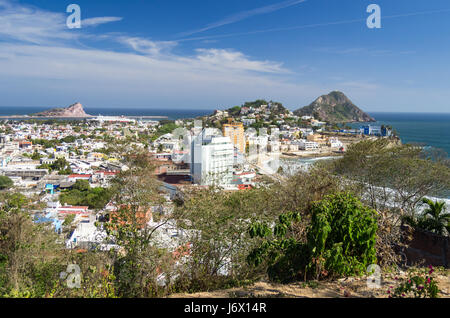 Skyline of Mazatlan, in the state of Sinaloa, Mexico viewing the coastline of the Pacific ocean and looking toward the world's highest lighthouse. Stock Photo
