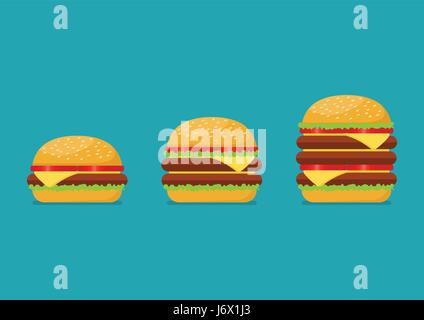 Three hamburgers set. From simple hamburger to double and triple cheeseburger with tomato Stock Vector