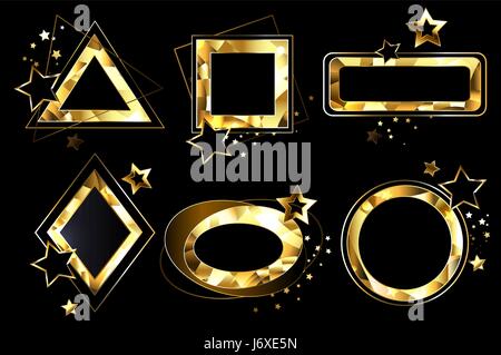 Set of polygonal, shiny, gold banners of different shapes. Geometry. Polygonal golden banners. Stock Vector