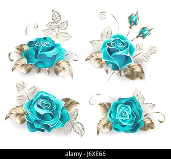 Set of turquoise roses, with leaves of white gold on a white background. Blue tiffany. Fashionable color. Turquoise rose. Stock Vector