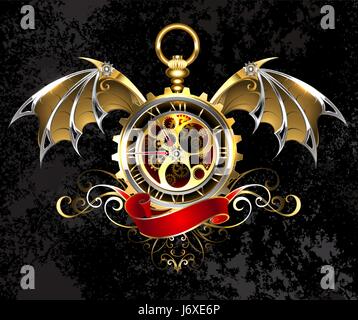 Gold, antique watches with mechanical, gold dragon wings, decorated with a bronze pattern and a red ribbon. Gold Antique Watches. Steampunk style. Stock Vector