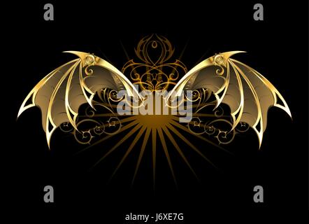 Mechanical dragon wings of gold and brass on a black background. Dragon Wings. Steampunk style. Stock Vector