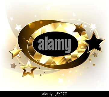 Dynamic, oval, polygonal, golden banner with gold and black stars on a light background. Design with gold stars. Polygonal banner. Stock Vector