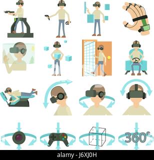 Virtual reality icons set, cartoon style Stock Vector