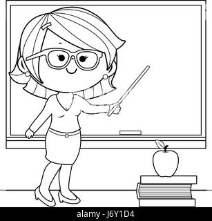 Teacher teaching at class coloring book page. Stock Vector