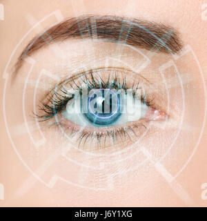 eye of the future. Closeup of woman eye with visual effects. Eye in process of scanning. Futuristic modern cyber technology eye panel concept. Eye vie Stock Photo