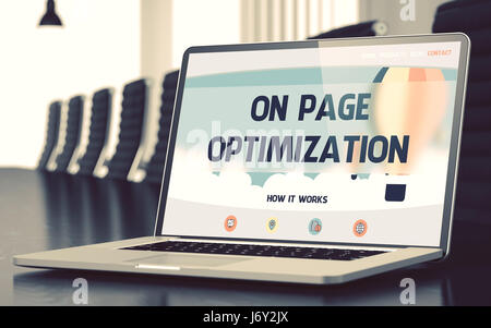 On Page Optimization on Laptop in Conference Room. 3D. Stock Photo