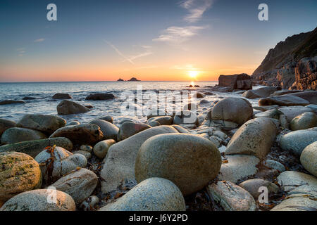 Sunset at Porth Nanven beach near St Just on the Cornwall coast Stock Photo