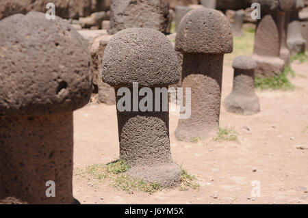Peru – Inca prehistoric ruins in Chucuito near Puno, Titicaca lake area. This photo present stone phallus in temple de la Fertilidad Stock Photo