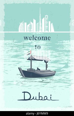 Welcome to Dubai retro poster with cityscape and landmarks and traditional abra boat at creek vector illustration Stock Vector