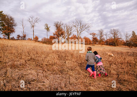 Two children running up a hill holding hands Stock Photo
