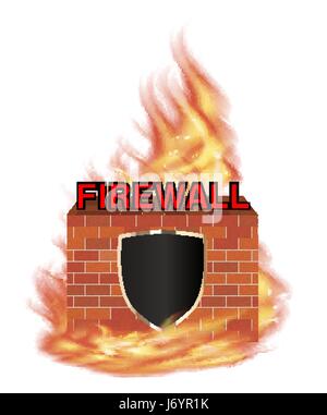 fire wall protection logo with shield and brick wall with fire Stock Vector