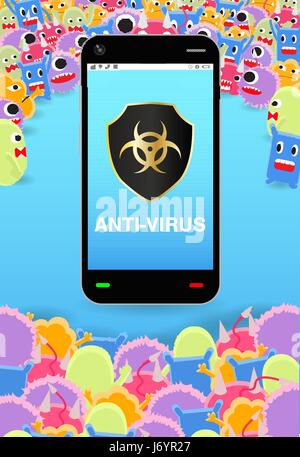 virus siege smartphone with antivirus protection shield Stock Vector