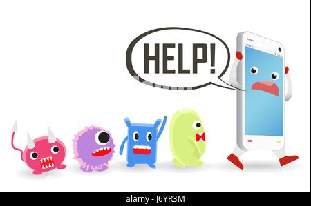 smartphone cartoon need help from virus computer attack Stock Vector