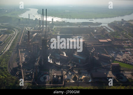 Steelworks ThyssenSteel, steel industry, heavy industry, mining industry, air pollution, emissions, chimneys, Rhine arc, river, haze, dust, blast fu Stock Photo