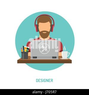 Designer freelancer working on laptop Stock Vector