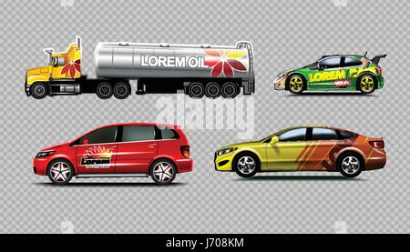 Digital vector yellow red and green sedan sport cars mockup, van and fuel tank truck. Your brand. Isolated. Transparent, realistic 3d, reflection Stock Vector