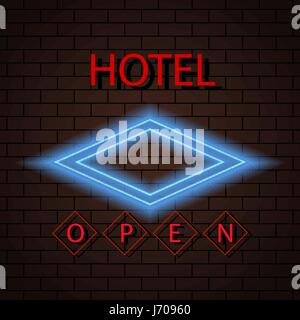Neon signboard hotel sign on a brick wall. Vector illustration . Stock Vector