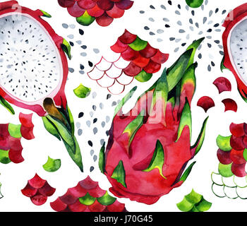 Seamless watercolor pattern with dragon fruits and pitahaya Stock Photo