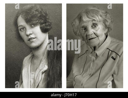 Vlasta Čížková. LEft: 23 years old, right: 101 years old. She was a cook in an airprot dining room and now lives in her own house in the same village as her family. She was in the truck that hit  and killed high-ranking German Nazi official Reinhard Heydrich’s son Klaus in 1943. She was also arrested by communists in 1948.  POIGNANT portraits have posed centenarians alongside their younger selves in a project called Faces of Century. The incredible images tell the unique stories of each person’s life including one woman who was in the truck that hit and killed high-ranking German Nazi official Stock Photo