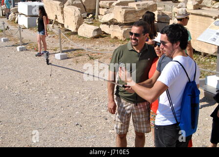 People with Selfie Sticks, Acropolis, Athens, Greece Stock Photo