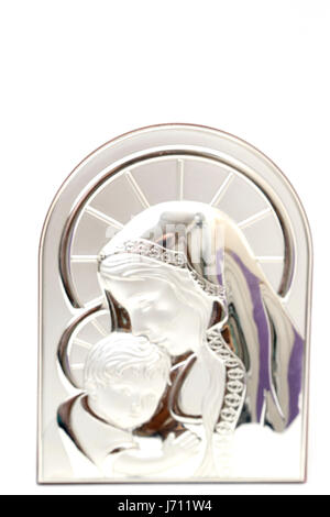 Silver Greek Icon Of Virgin Mary and Child Jesus Stock Photo