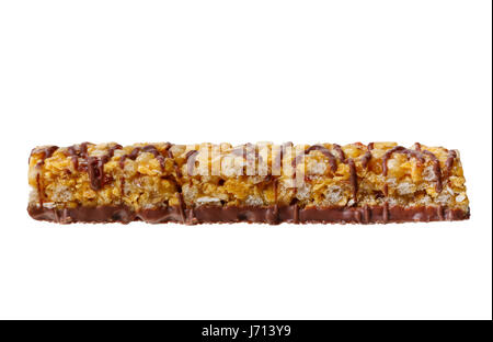 A bar of muesli with chocolate and fruits isolated on white background. Front view Stock Photo