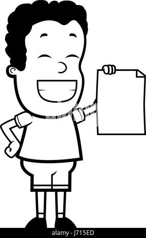 A happy cartoon child proudly holding a piece of paper. Stock Vector