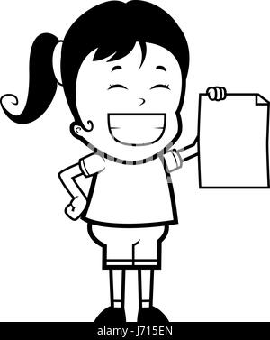 A happy cartoon child proudly holding a piece of paper. Stock Vector