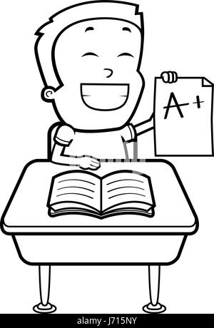 A happy cartoon boy sitting at a desk in school. Stock Vector
