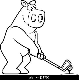 A cartoon illustration of a pig playing golf. Stock Vector