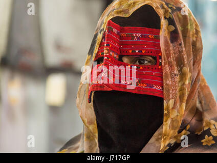 Bandari woman wearing traditional mask , Qeshm Island, iran Stock Photo