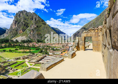 Ollantaytambo, Peru. Inca Fortress ruins on the temple hill. Stock Photo