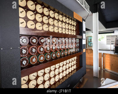 A working recreation of the Turing Machine or Bombe at the home of the WWll codebreakers at Bletchley Park in England. Stock Photo